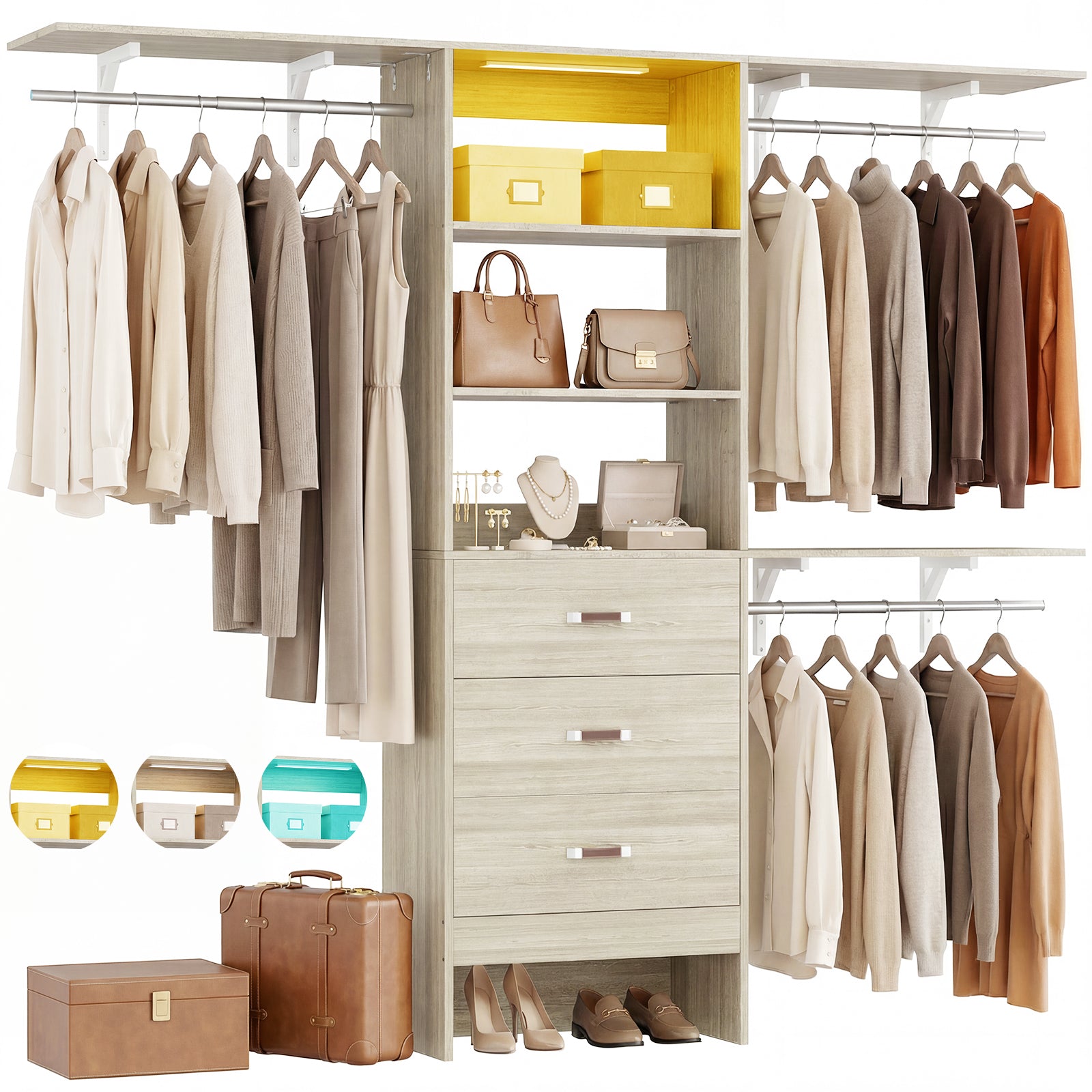 96" Wall Mounted Closet System with LED, Walk-In Style Wood Closet Organizer Cut to Fit 4-8FT with 3 Drawers & Top Shelf
