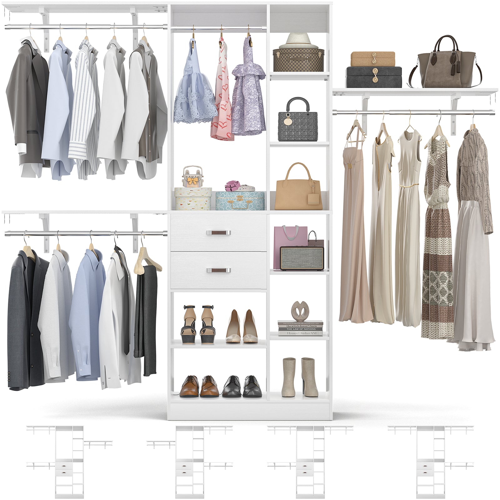 8FT Heavy Duty Wood Closet System with 2 Drawers & 4 Adjustable Hanging Rods & 9-Cube Shelving