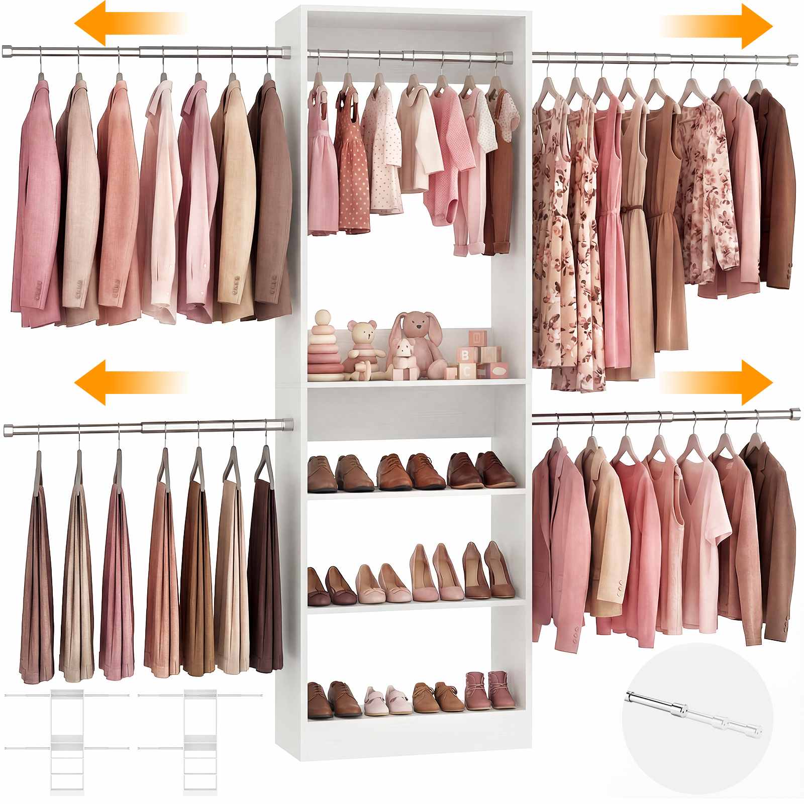 12FT Large Open Closet System, 138'' Wall-Mounted Closet Shelving with 5 Hanging Rods and 6 Shelves