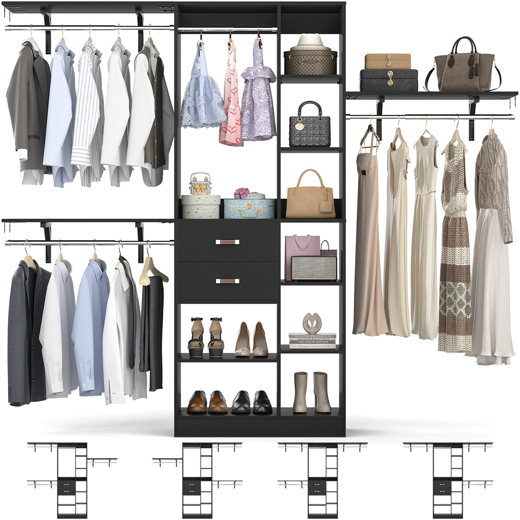 8FT Heavy Duty Wood Closet System with 2 Drawers & 4 Adjustable Hanging Rods & 9-Cube Shelving