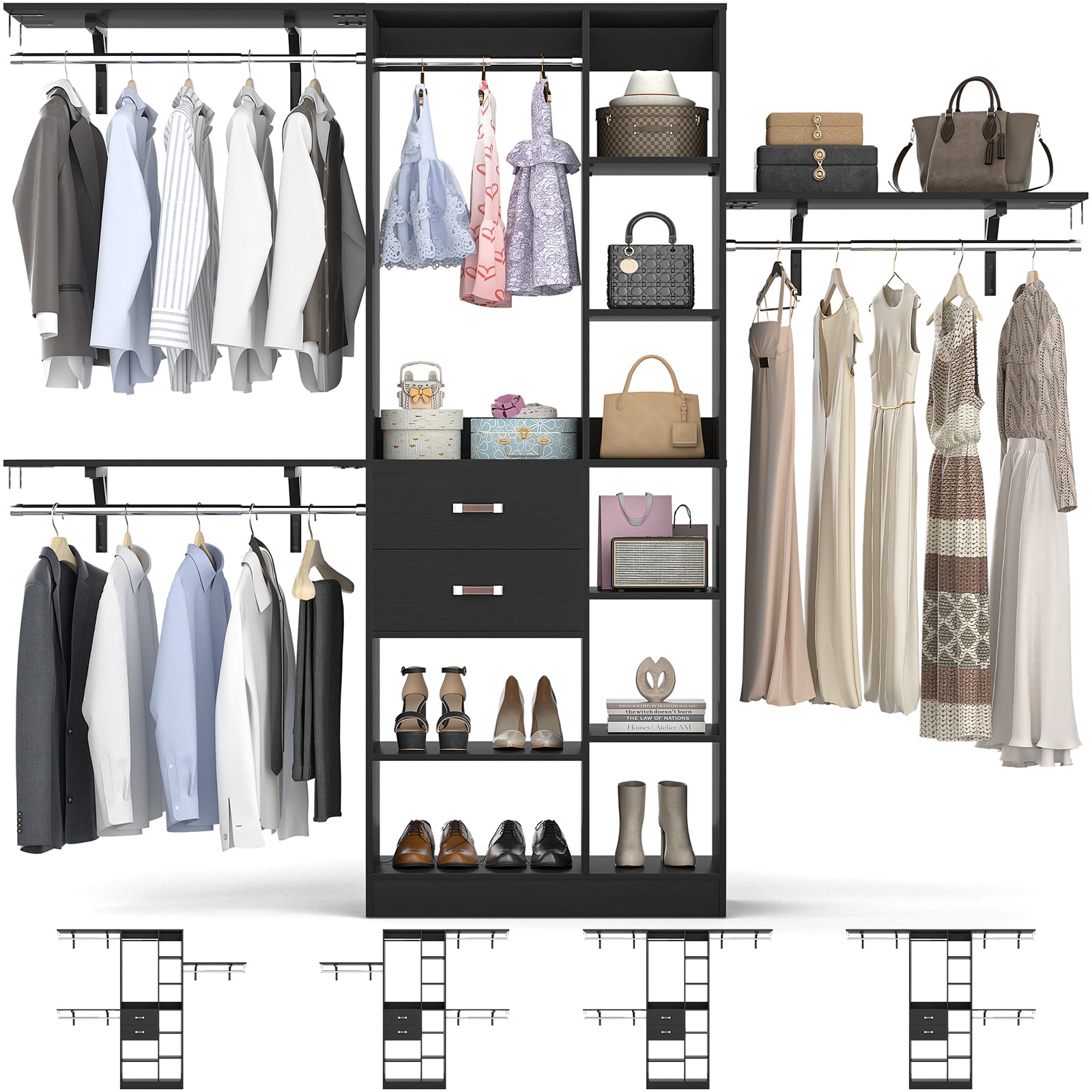 8FT Heavy Duty Wood Closet System with 2 Drawers & 4 Adjustable Hanging Rods & 9-Cube Shelving