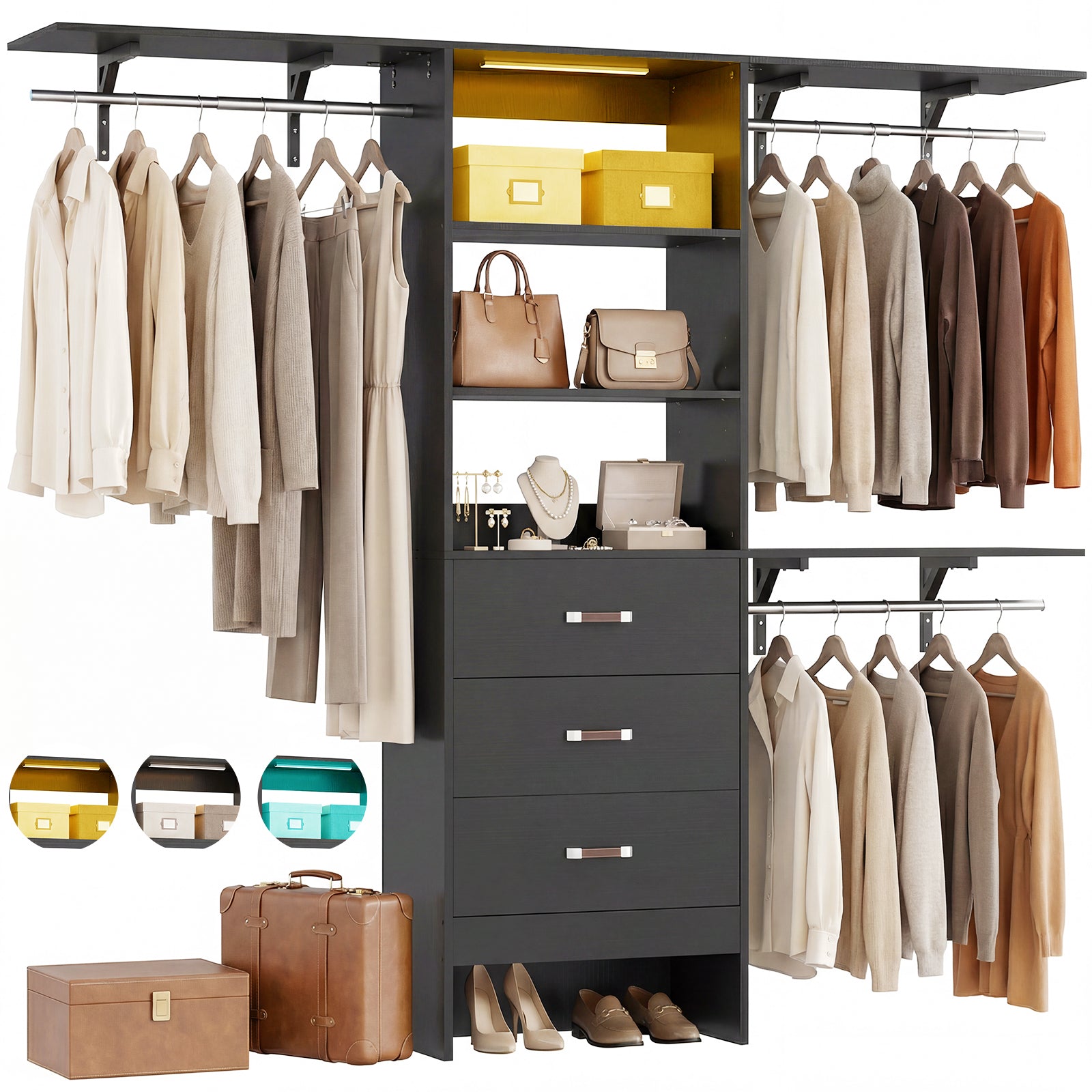 96" Wall Mounted Closet System with LED, Walk-In Style Wood Closet Organizer Cut to Fit 4-8FT with 3 Drawers & Top Shelf