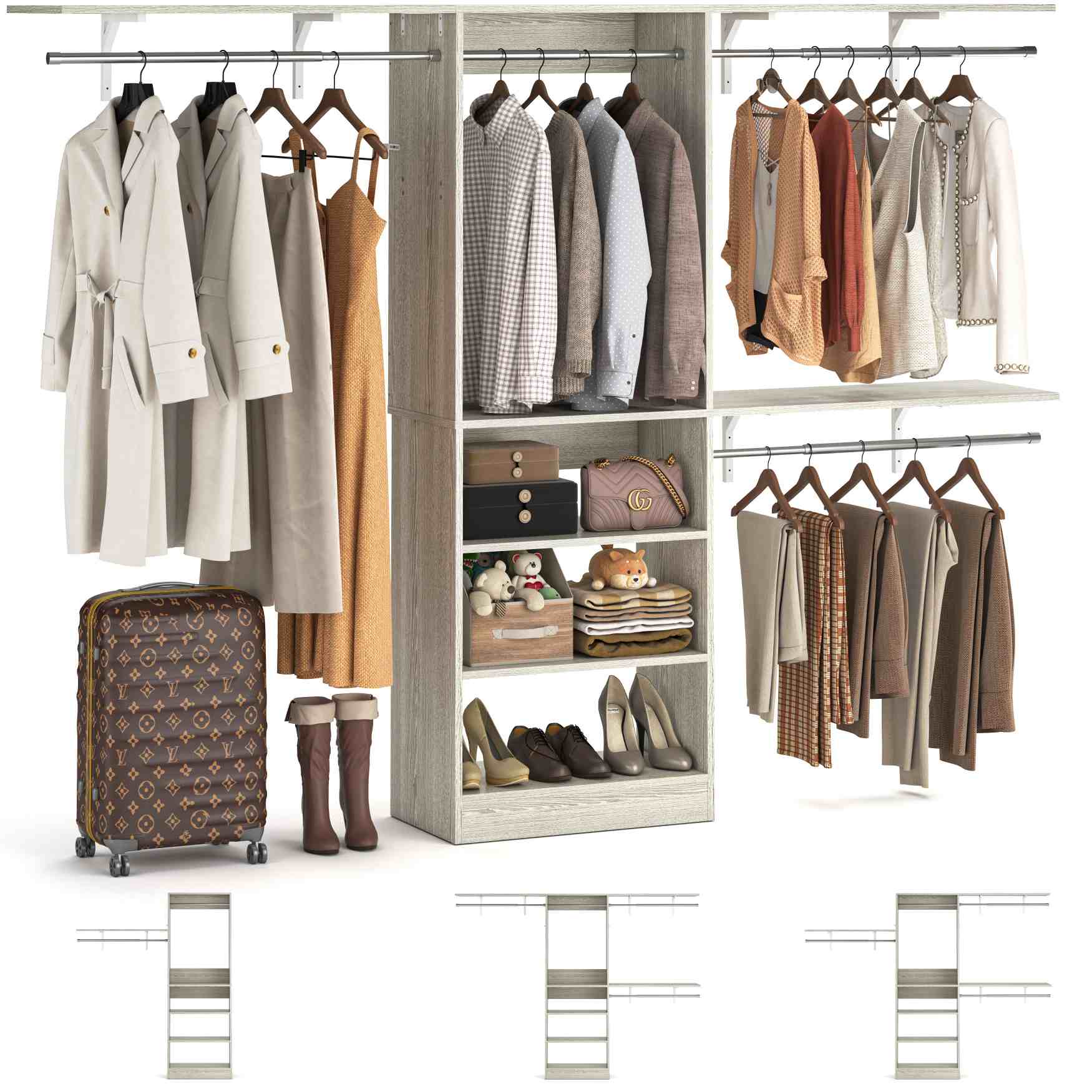 96'' Closet System with 3 Hanging Rods, Adjustable Cloth Garment Rack from 5 to 8FT