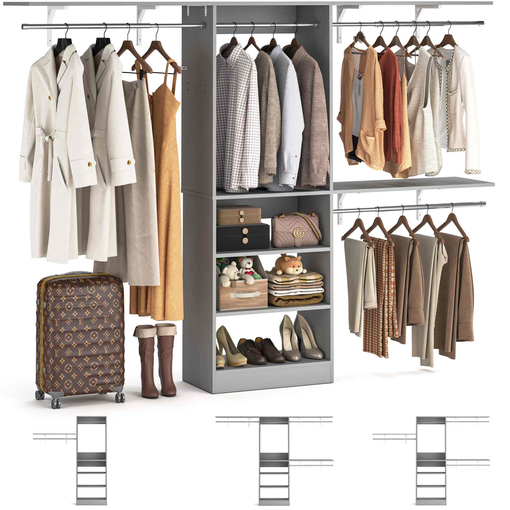 96'' Closet System with 3 Hanging Rods, Adjustable Cloth Garment Rack from 5 to 8FT