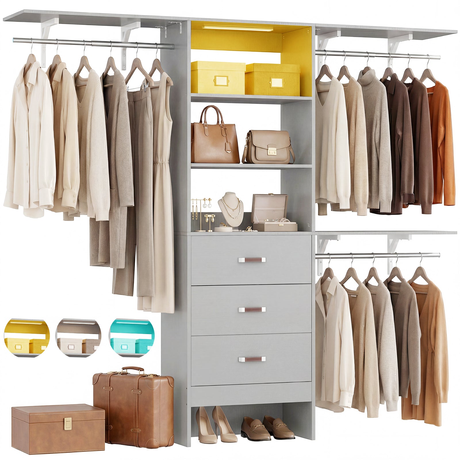 96" Wall Mounted Closet System with LED, Walk-In Style Wood Closet Organizer Cut to Fit 4-8FT with 3 Drawers & Top Shelf