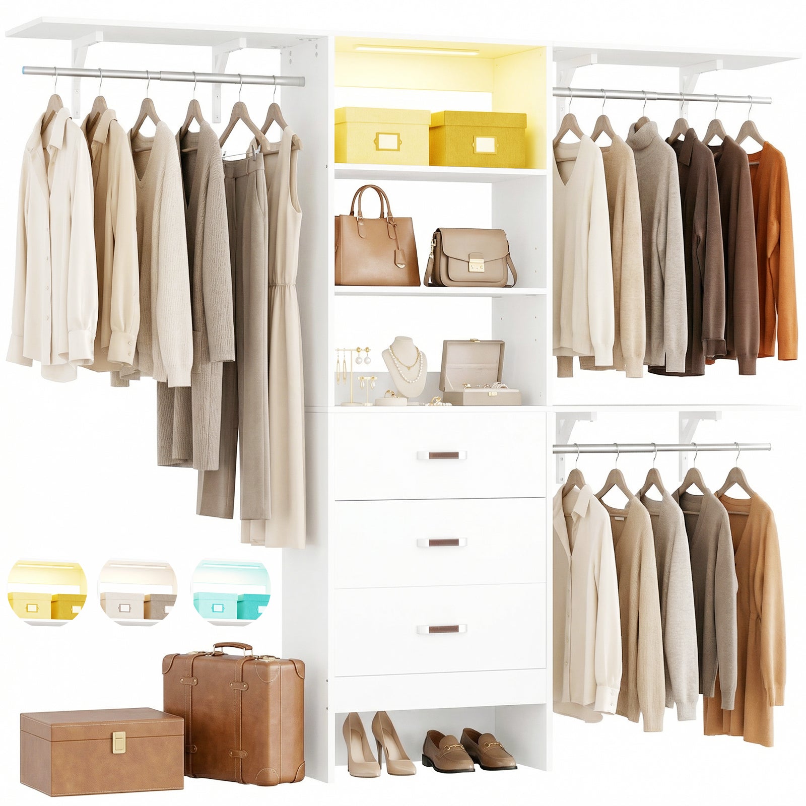 96" Wall Mounted Closet System with LED, Walk-In Style Wood Closet Organizer Cut to Fit 4-8FT with 3 Drawers & Top Shelf