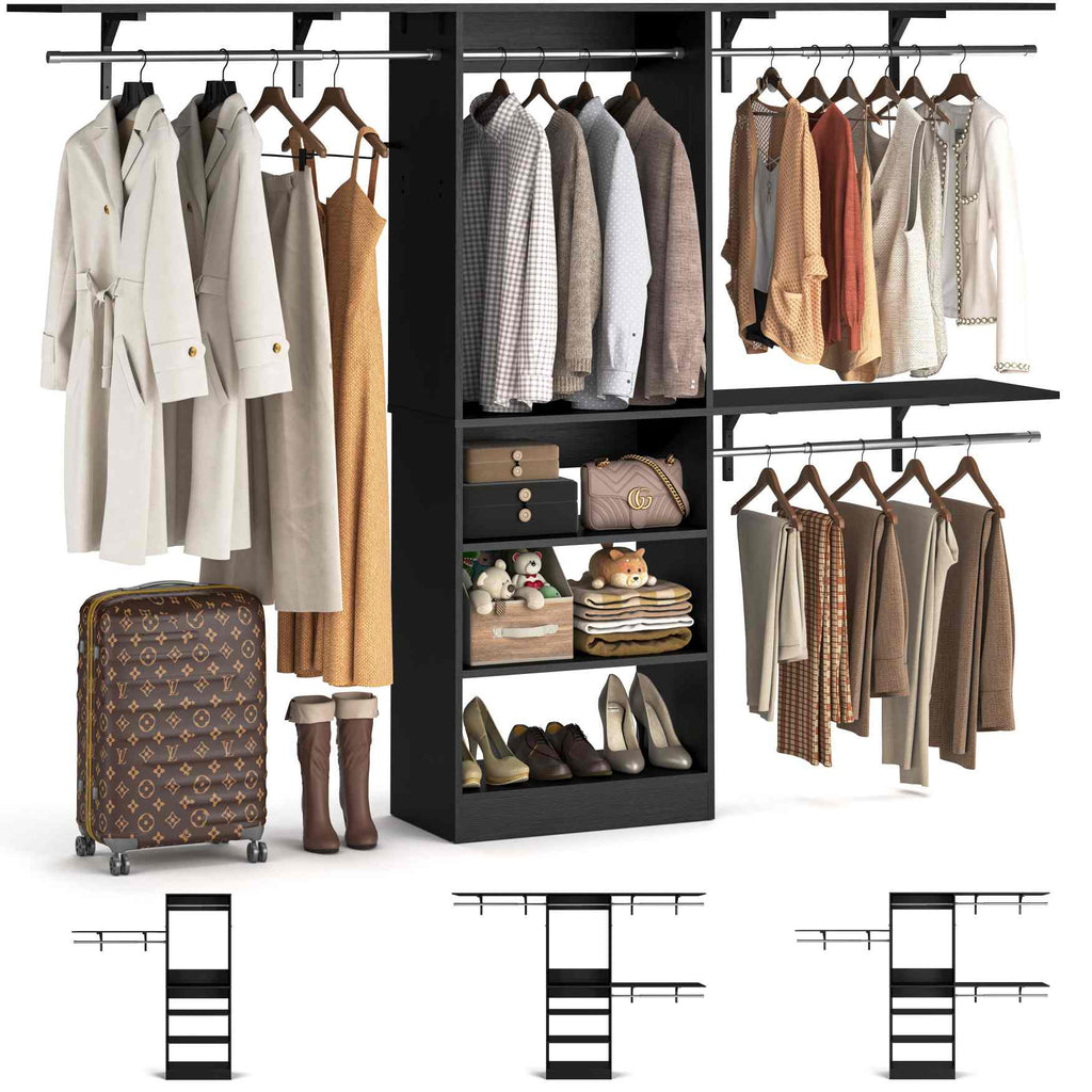 96'' Closet System with 3 Hanging Rods, Adjustable Cloth Garment Rack from 5 to 8FT