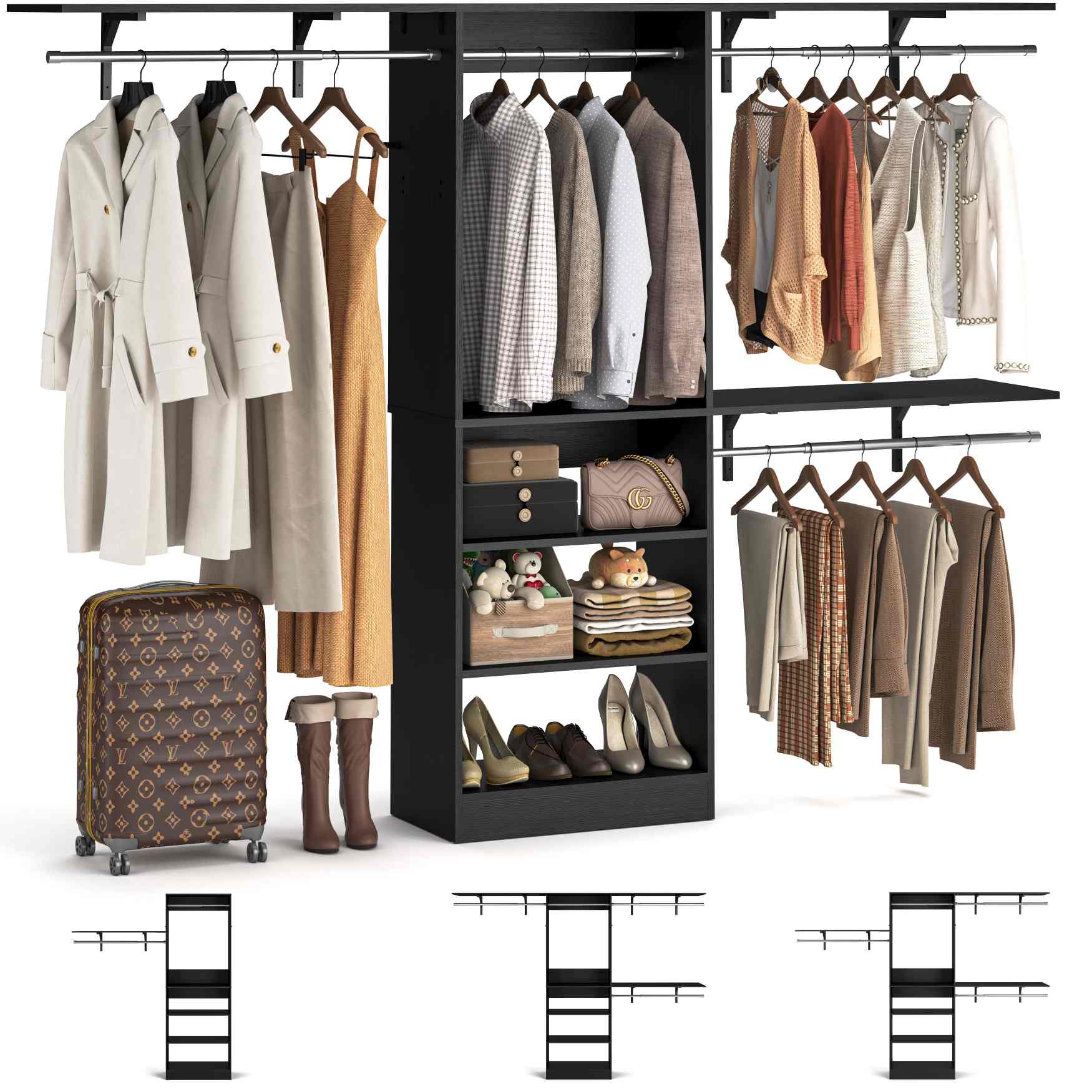 96'' Closet System with 3 Hanging Rods, Adjustable Cloth Garment Rack from 5 to 8FT
