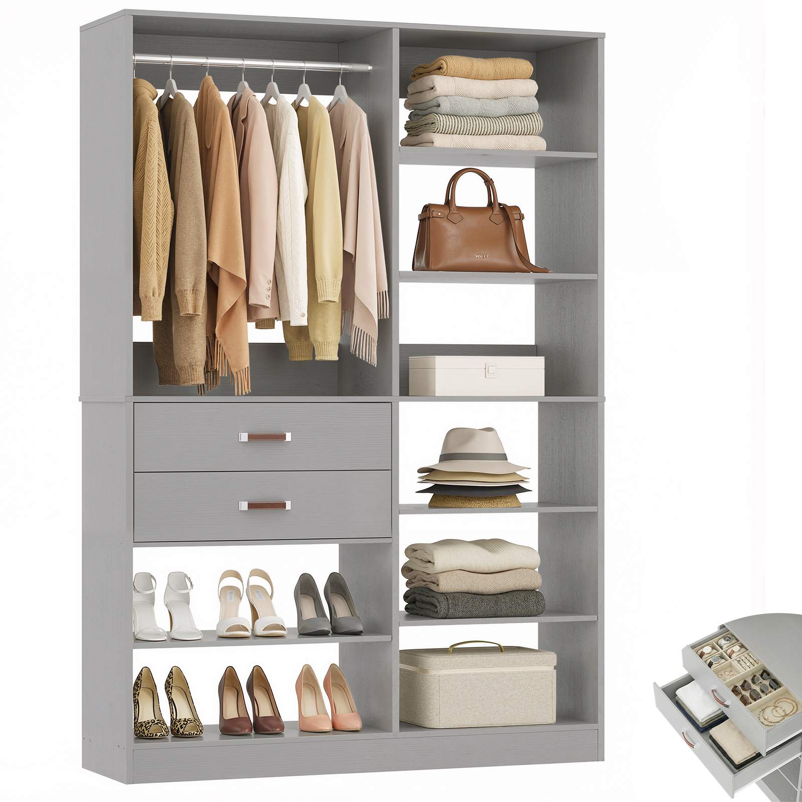 40'' Stand-Alone Closet System with 2 Wood Drawers, Garment Organizer System with Hanging Rod