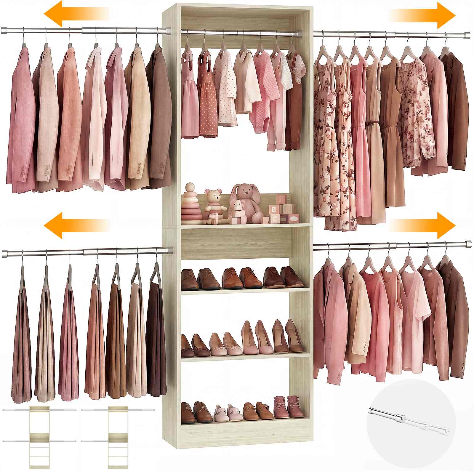 12FT Large Open Closet System, 138'' Wall-Mounted Closet Shelving with 5 Hanging Rods and 6 Shelves