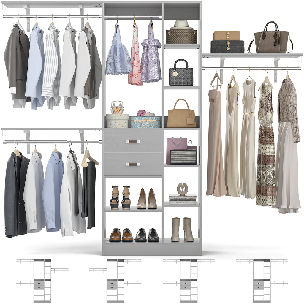 8FT Heavy Duty Wood Closet System with 2 Drawers & 4 Adjustable Hanging Rods & 9-Cube Shelving