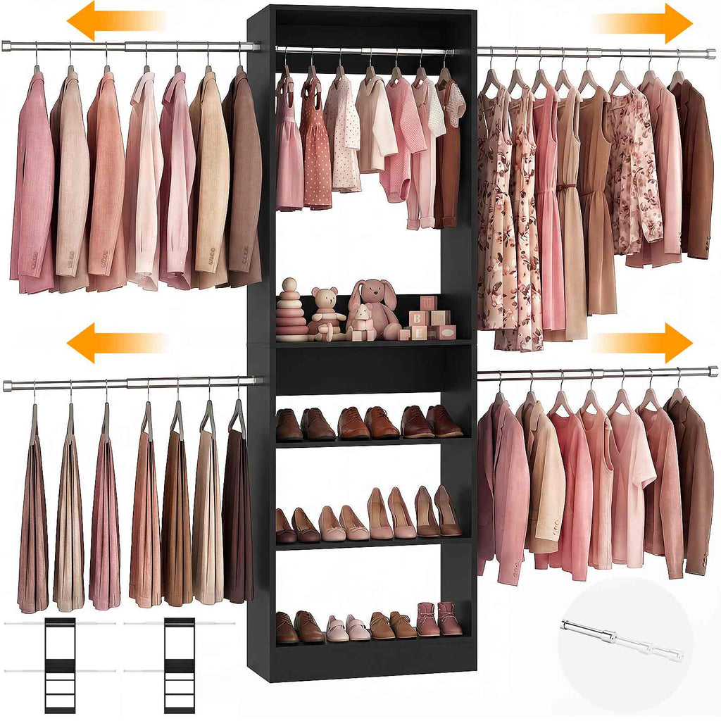 12FT Large Open Closet System, 138'' Wall-Mounted Closet Shelving with 5 Hanging Rods and 6 Shelves