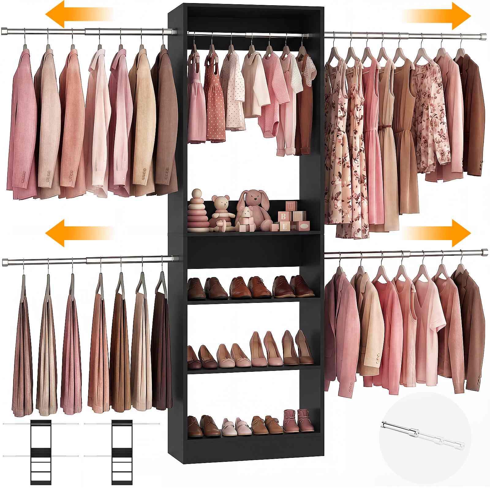12FT Large Open Closet System, 138'' Wall-Mounted Closet Shelving with 5 Hanging Rods and 6 Shelves