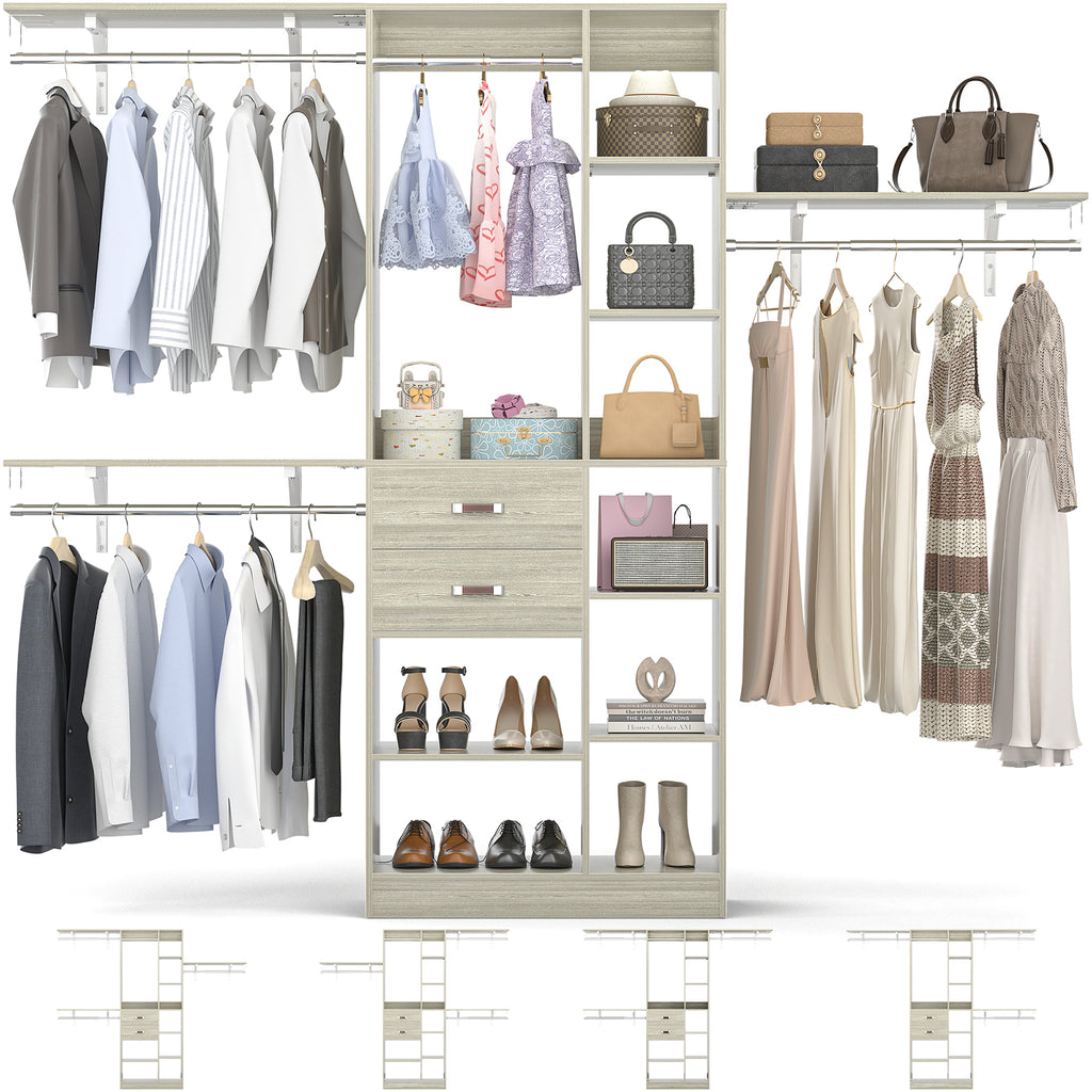 8FT Heavy Duty Wood Closet System with 2 Drawers & 4 Adjustable Hanging Rods & 9-Cube Shelving