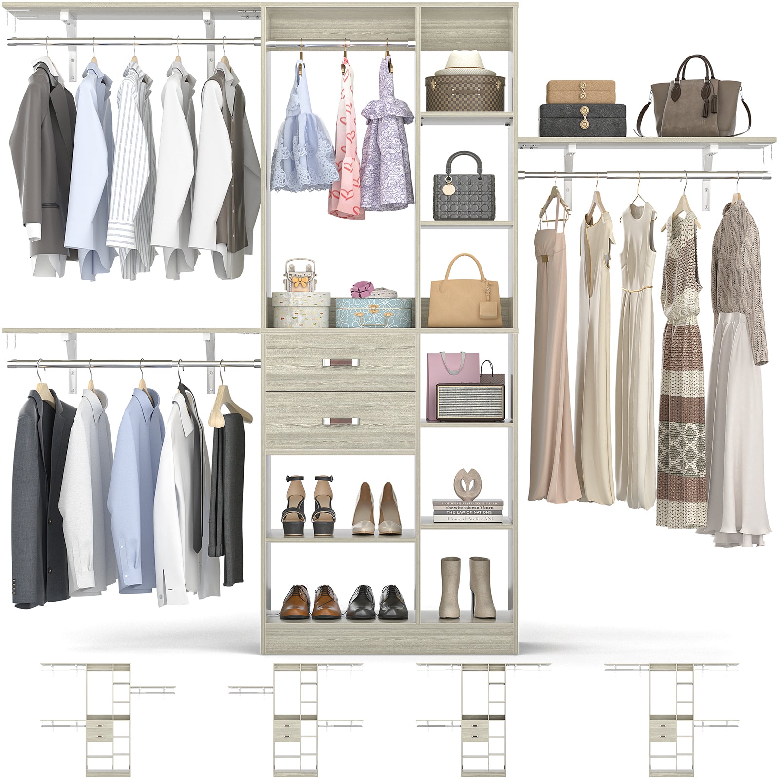 8FT Heavy Duty Wood Closet System with 2 Drawers & 4 Adjustable Hanging Rods & 9-Cube Shelving