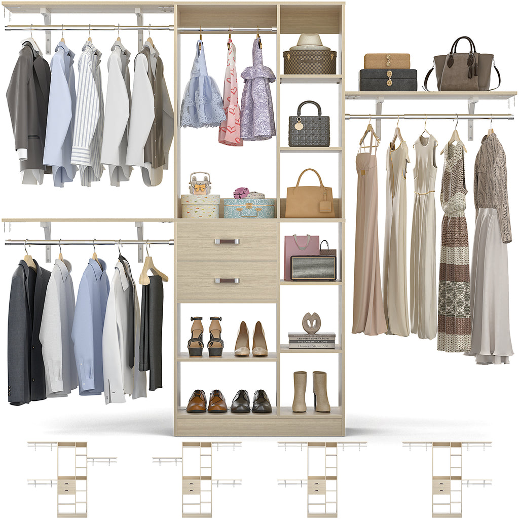 8FT Heavy Duty Wood Closet System with 2 Drawers & 4 Adjustable Hanging Rods & 9-Cube Shelving