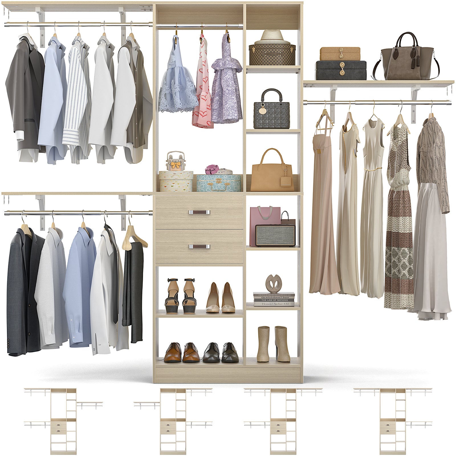 8FT Heavy Duty Wood Closet System with 2 Drawers & 4 Adjustable Hanging Rods & 9-Cube Shelving