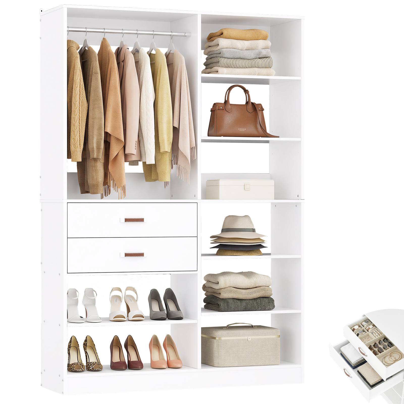 40'' Stand-Alone Closet System with 2 Wood Drawers, Garment Organizer System with Hanging Rod