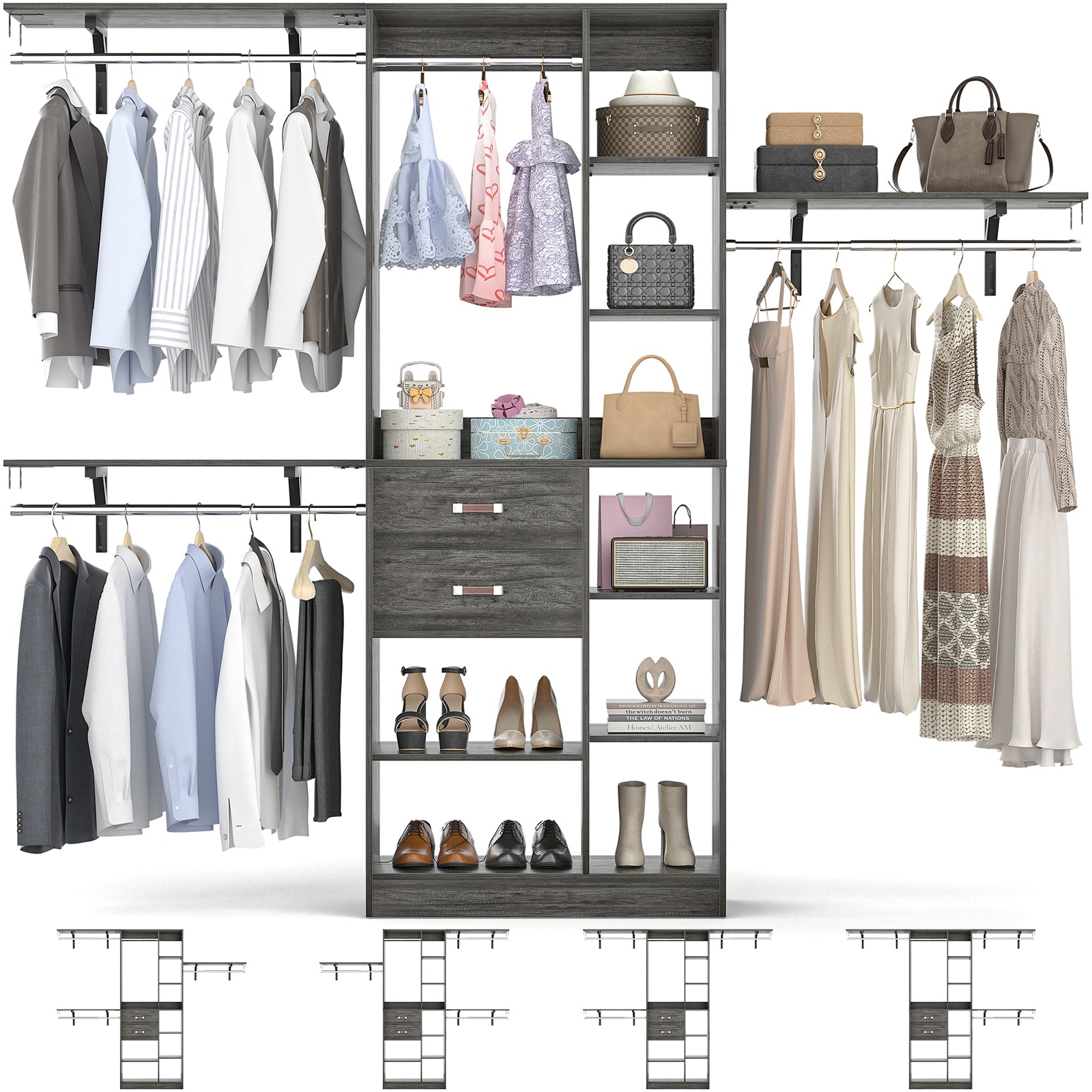 8FT Heavy Duty Wood Closet System with 2 Drawers & 4 Adjustable Hanging Rods & 9-Cube Shelving