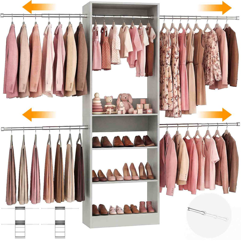 12FT Large Open Closet System, 138'' Wall-Mounted Closet Shelving with 5 Hanging Rods and 6 Shelves