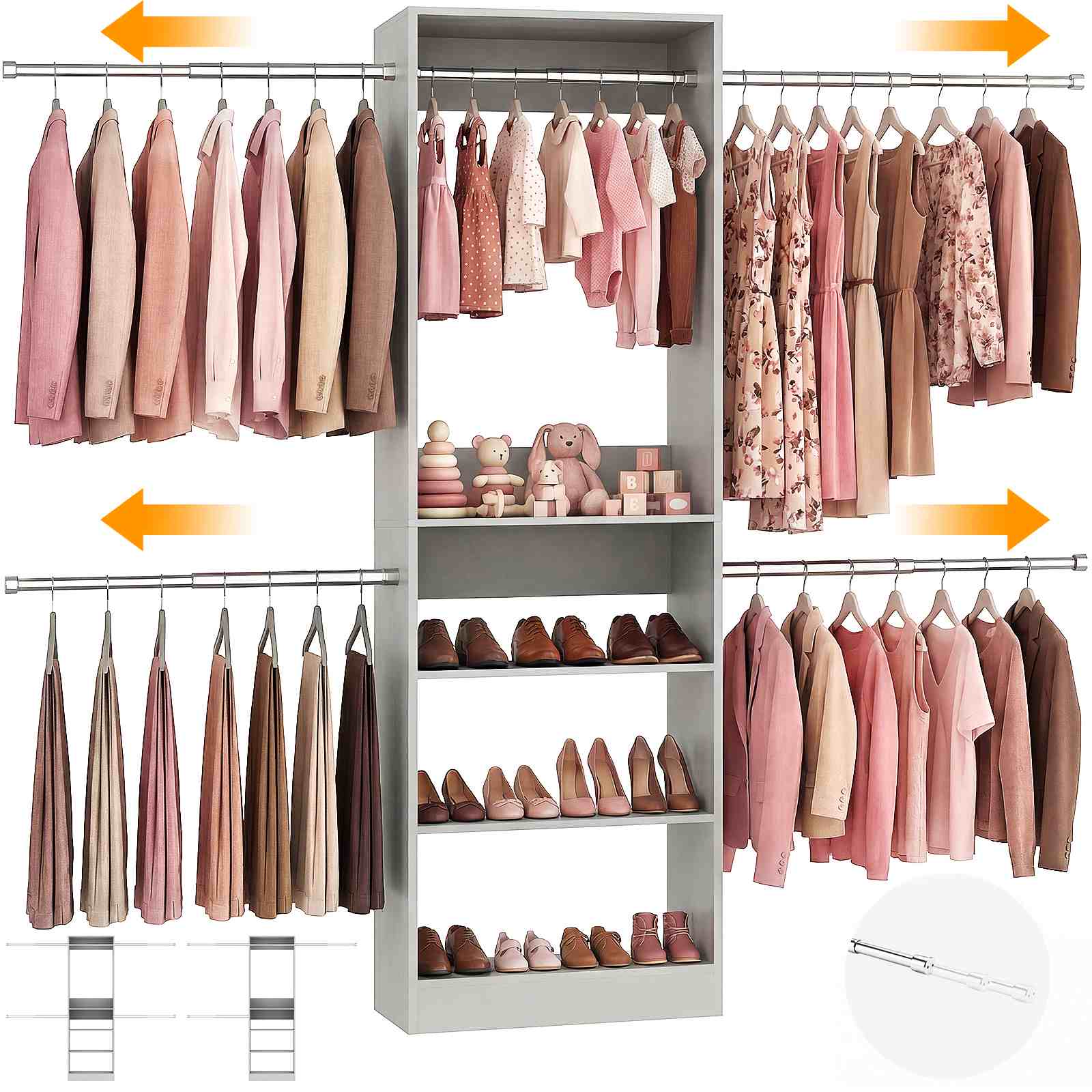 12FT Large Open Closet System, 138'' Wall-Mounted Closet Shelving with 5 Hanging Rods and 6 Shelves