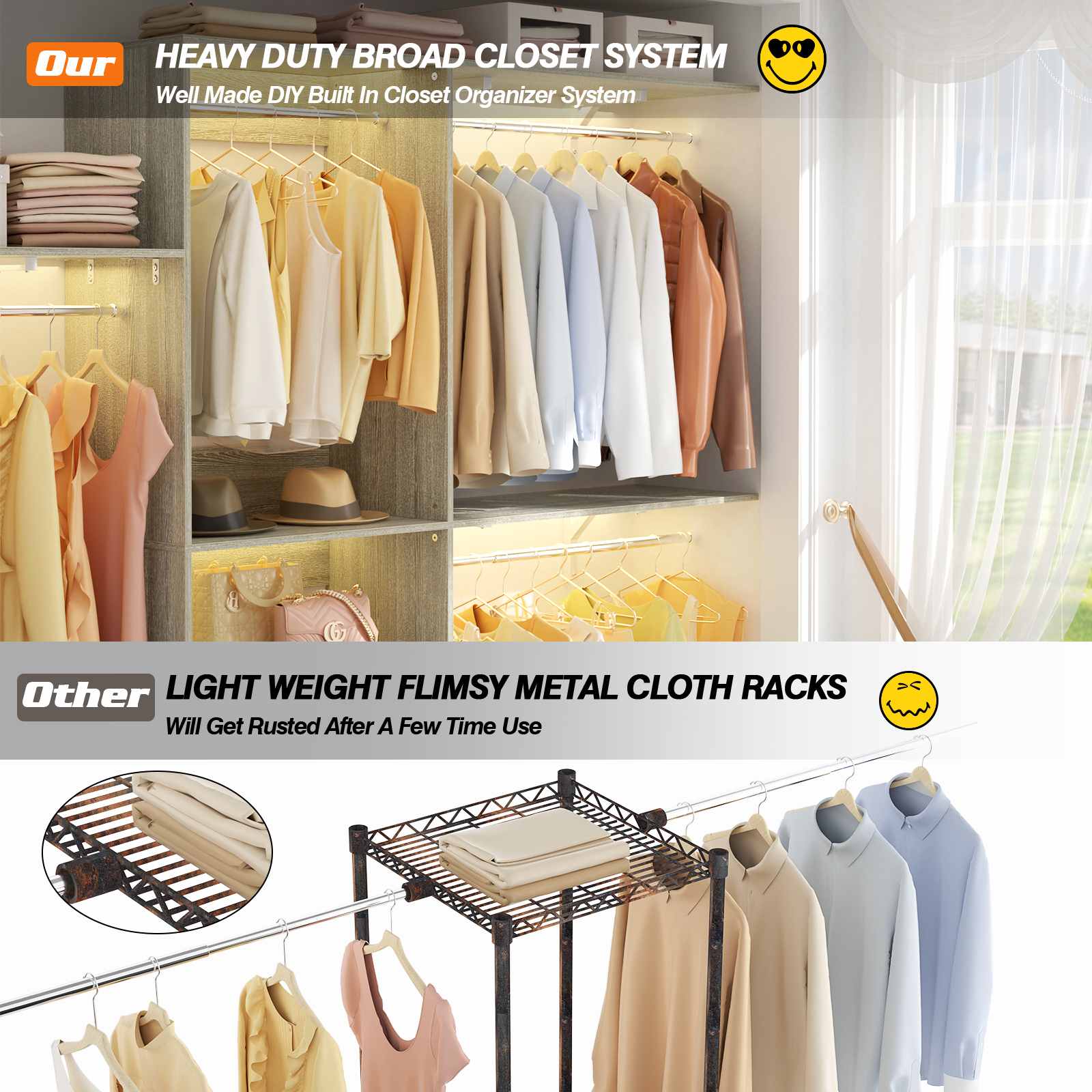 96'' Closet System with 3 Hanging Rods, Adjustable Cloth Garment Rack from 5 to 8FT