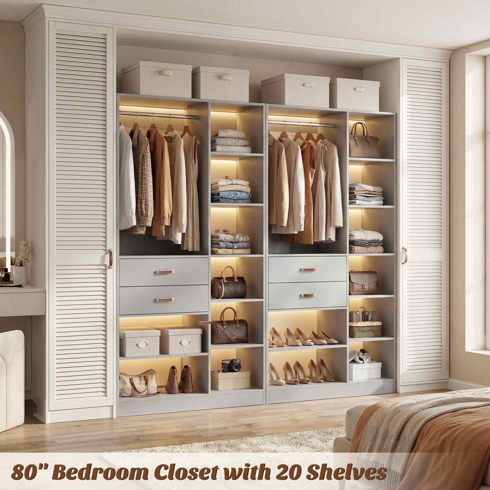 80'' Stand-Alone Closet System with 4 Wood Drawers, Garment Organizer System with Hanging Rod