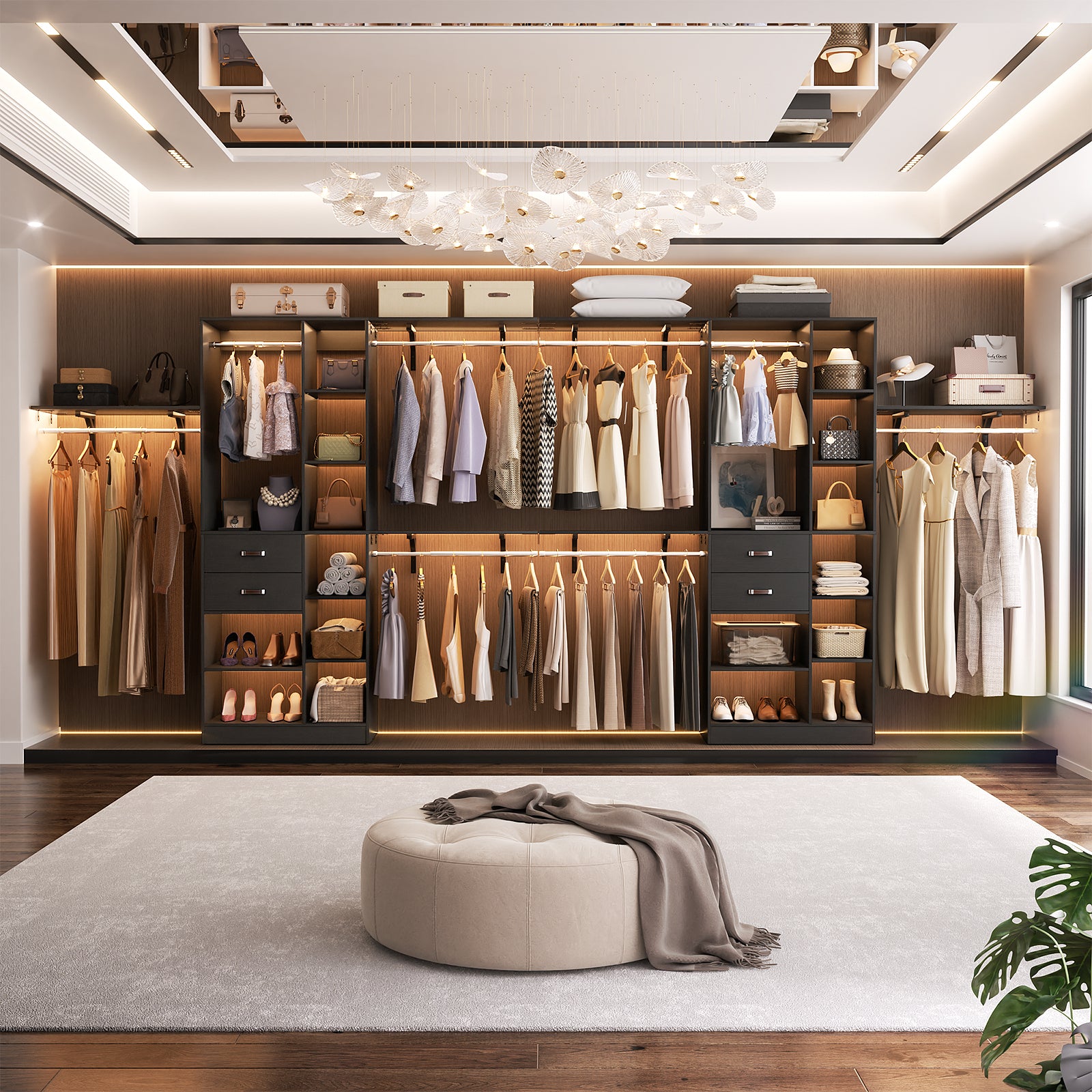 8FT Heavy Duty Wood Closet System with 2 Drawers & 4 Adjustable Hanging Rods & 9-Cube Shelving