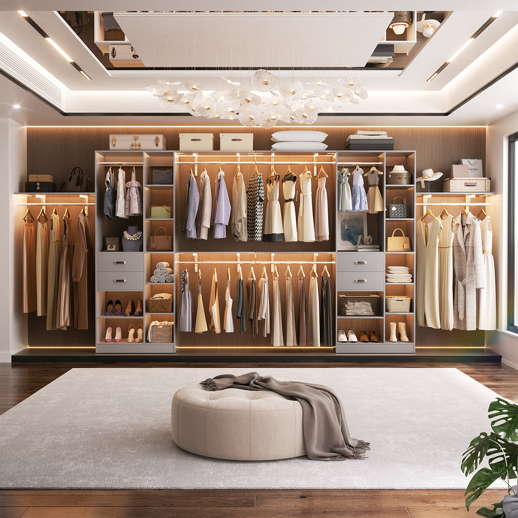 8FT Heavy Duty Wood Closet System with 2 Drawers & 4 Adjustable Hanging Rods & 9-Cube Shelving
