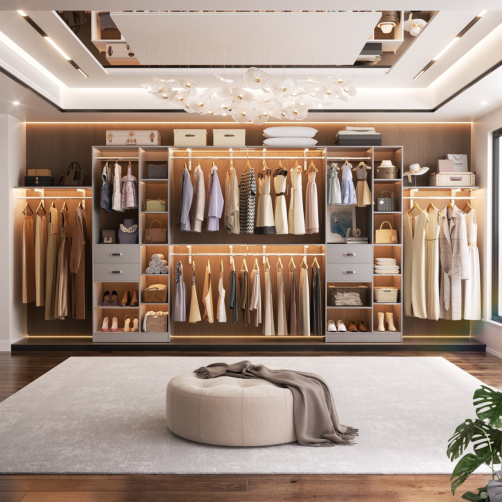 8FT Heavy Duty Wood Closet System with 2 Drawers & 4 Adjustable Hanging Rods & 9-Cube Shelving