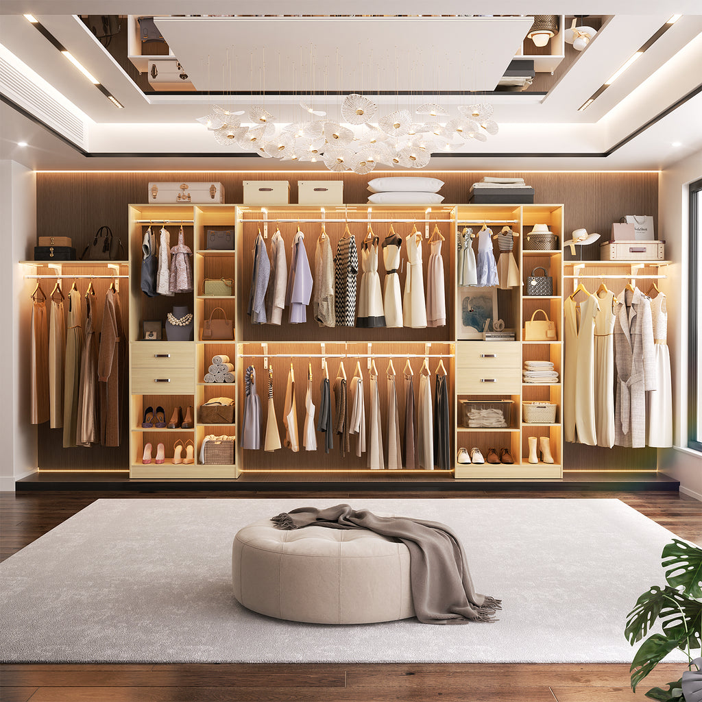 8FT Heavy Duty Wood Closet System with 2 Drawers & 4 Adjustable Hanging Rods & 9-Cube Shelving