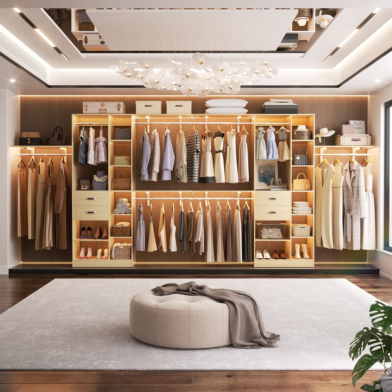 8FT Heavy Duty Wood Closet System with 2 Drawers & 4 Adjustable Hanging Rods & 9-Cube Shelving
