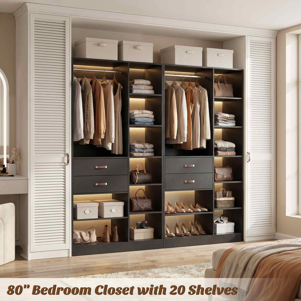 80'' Stand-Alone Closet System with 4 Wood Drawers, Garment Organizer System with Hanging Rod