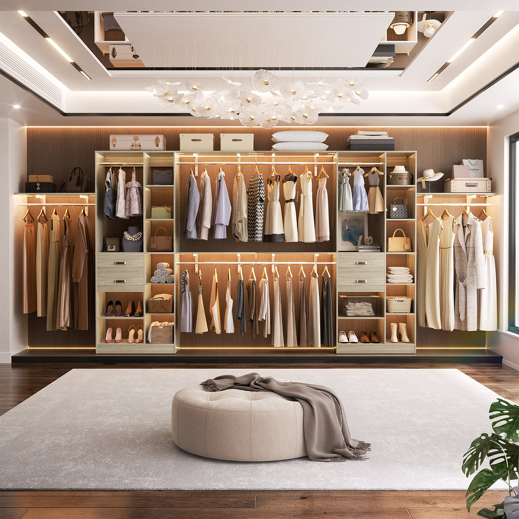 8FT Heavy Duty Wood Closet System with 2 Drawers & 4 Adjustable Hanging Rods & 9-Cube Shelving