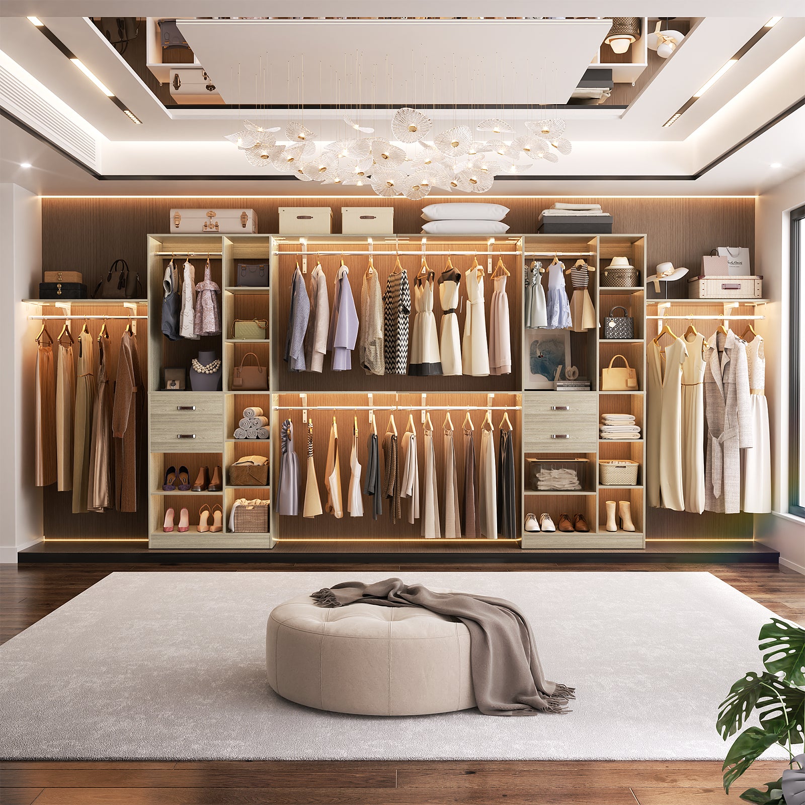 8FT Heavy Duty Wood Closet System with 2 Drawers & 4 Adjustable Hanging Rods & 9-Cube Shelving