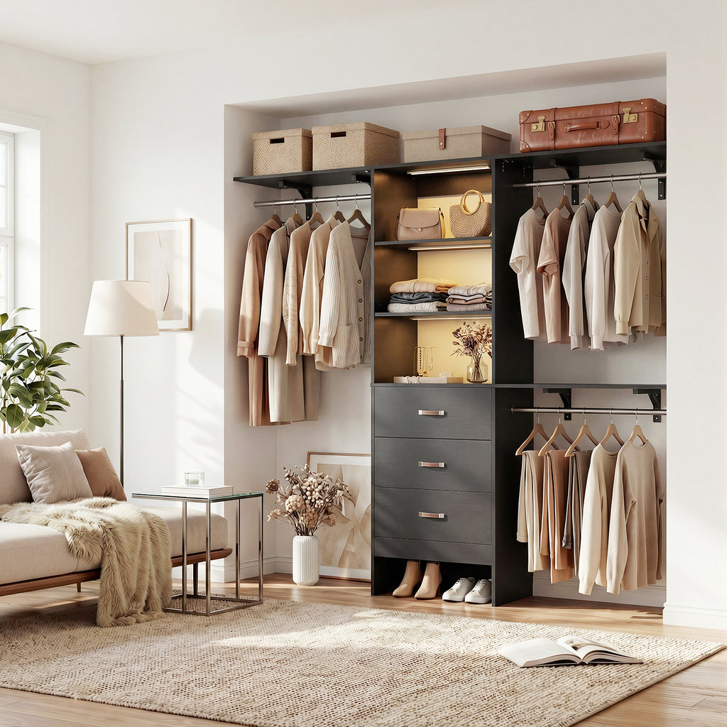 96" Wall Mounted Closet System with LED, Walk-In Style Wood Closet Organizer Cut to Fit 4-8FT with 3 Drawers & Top Shelf