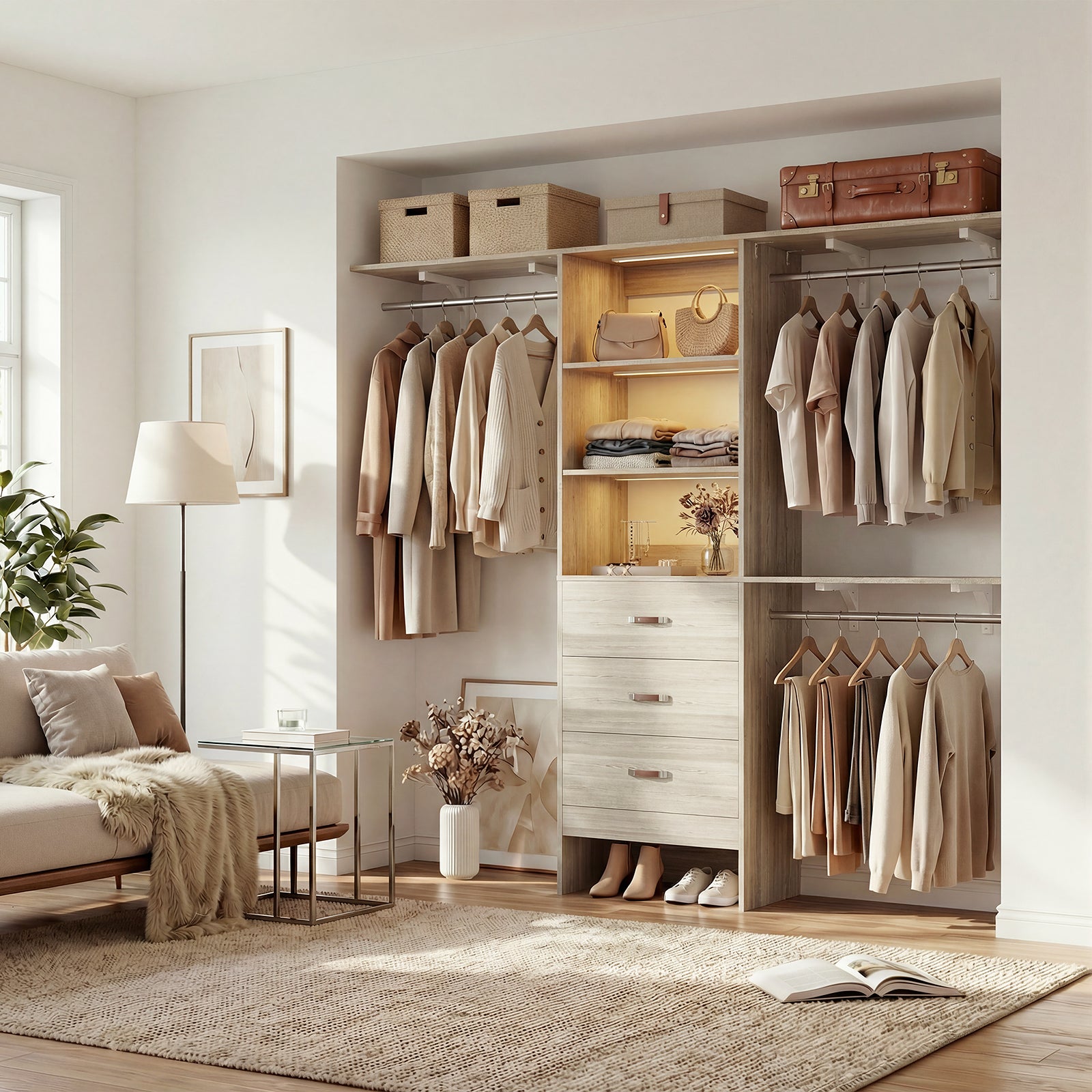 96" Wall Mounted Closet System with LED, Walk-In Style Wood Closet Organizer Cut to Fit 4-8FT with 3 Drawers & Top Shelf