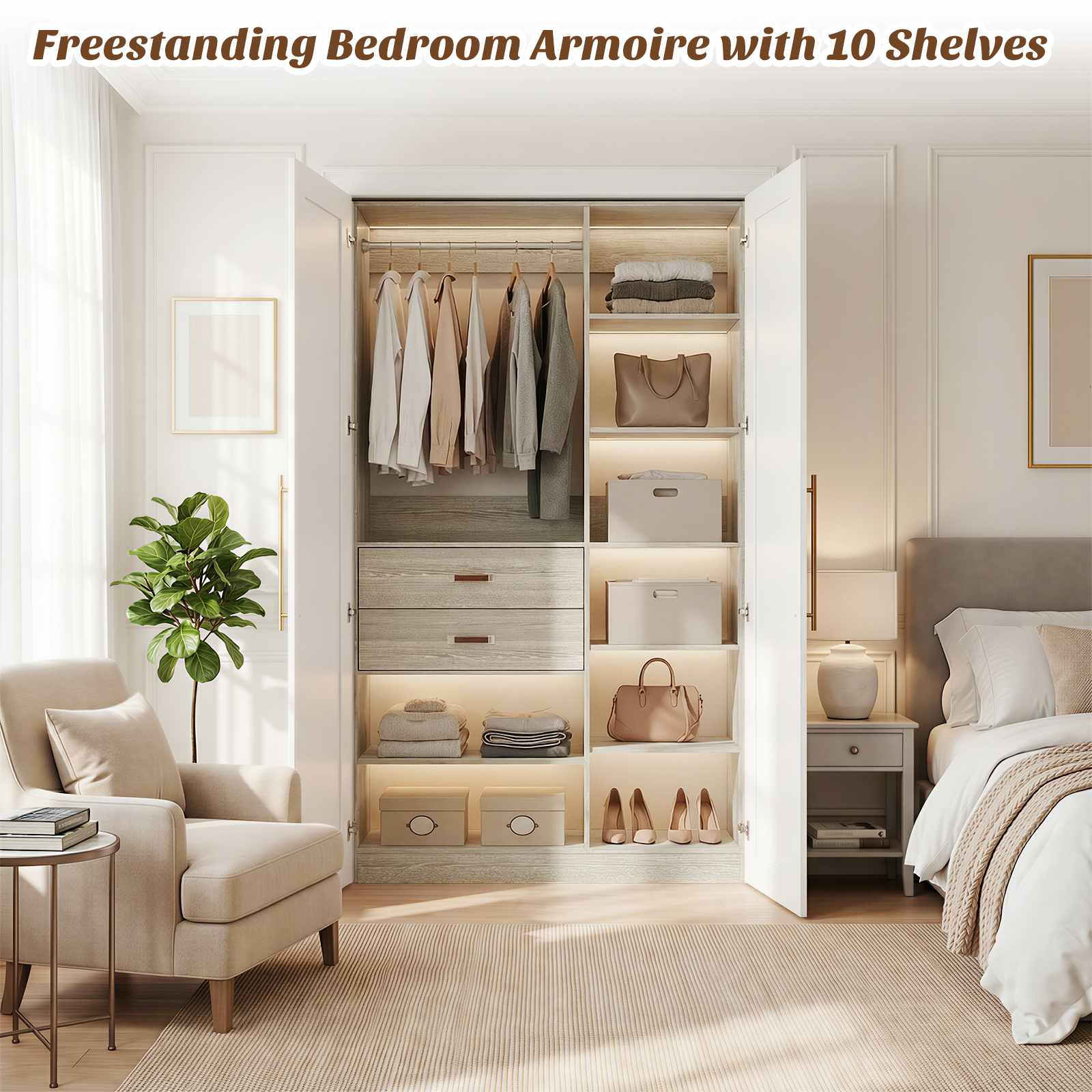 40'' Stand-Alone Closet System with 2 Wood Drawers, Garment Organizer System with Hanging Rod