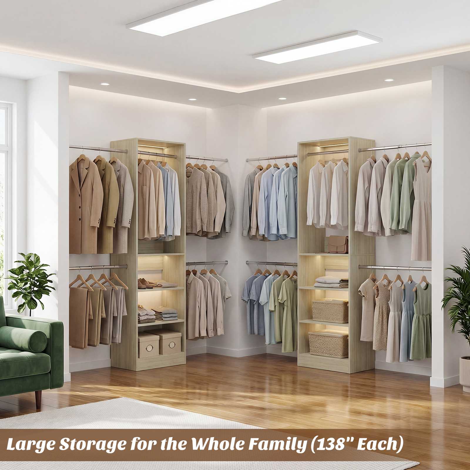 12FT Large Open Closet System, 138'' Wall-Mounted Closet Shelving with 5 Hanging Rods and 6 Shelves