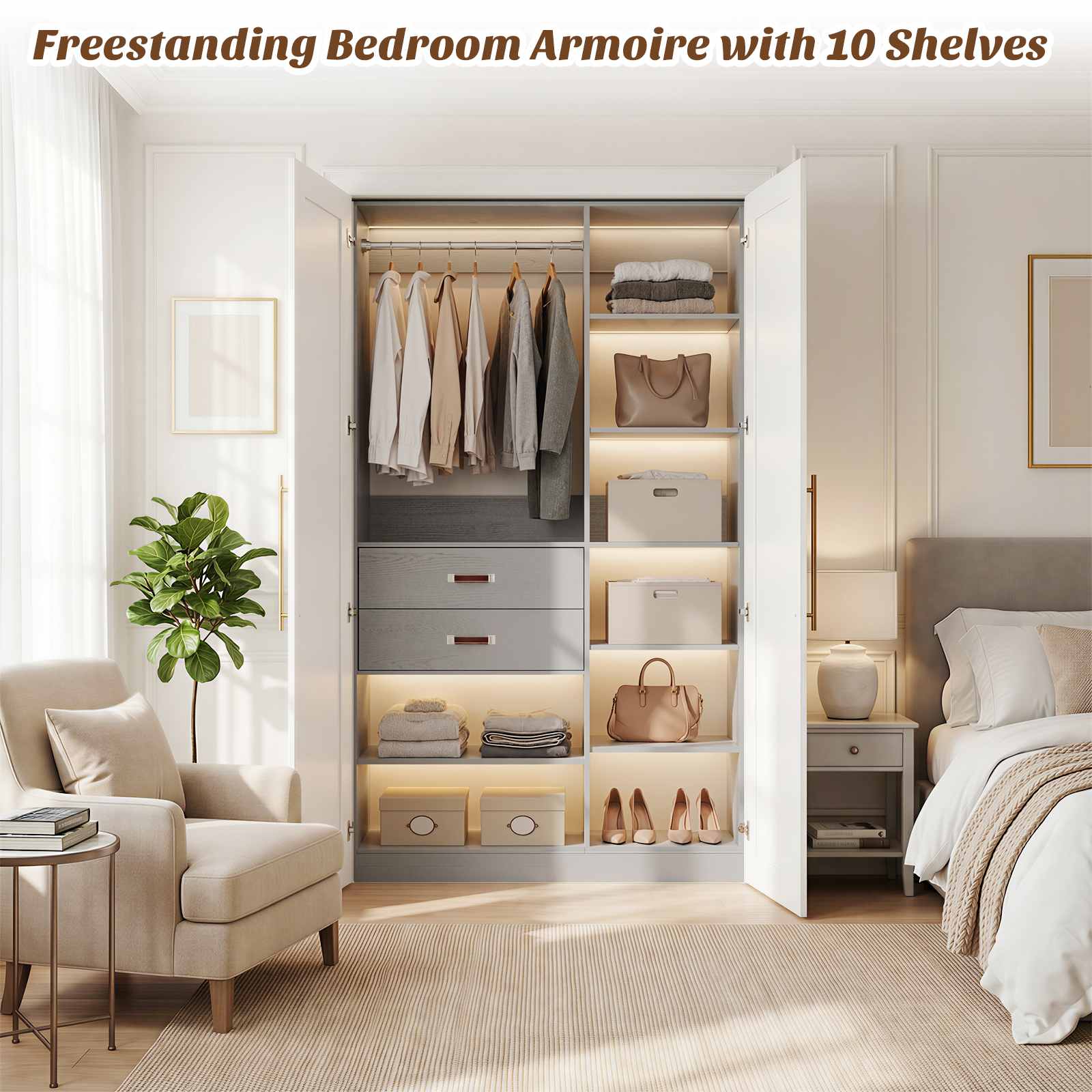 40'' Stand-Alone Closet System with 2 Wood Drawers, Garment Organizer System with Hanging Rod