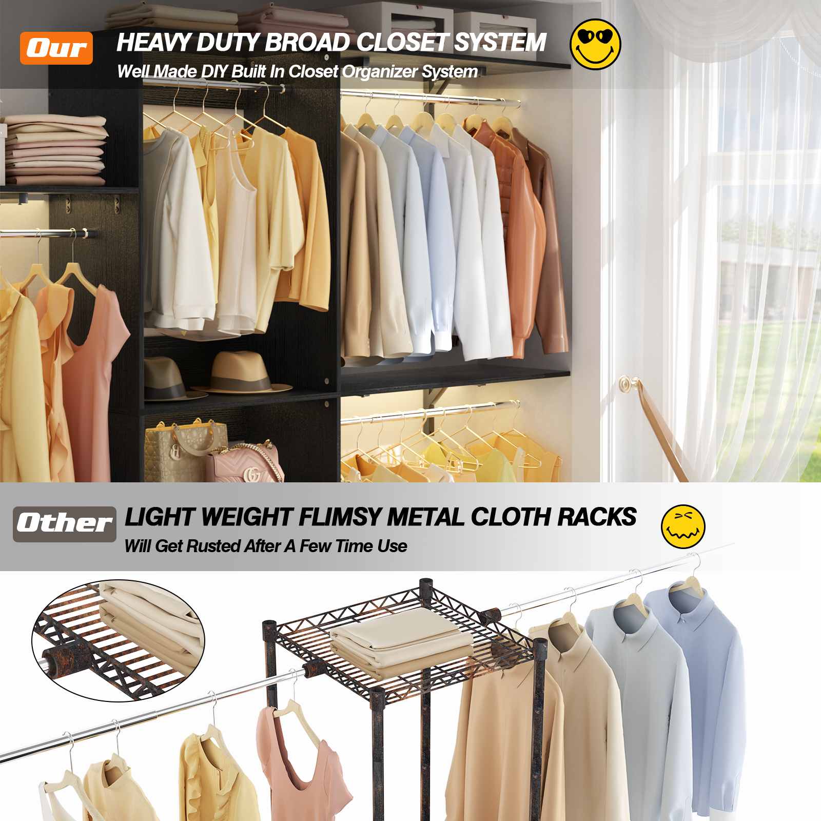 96'' Closet System with 3 Hanging Rods, Adjustable Cloth Garment Rack from 5 to 8FT