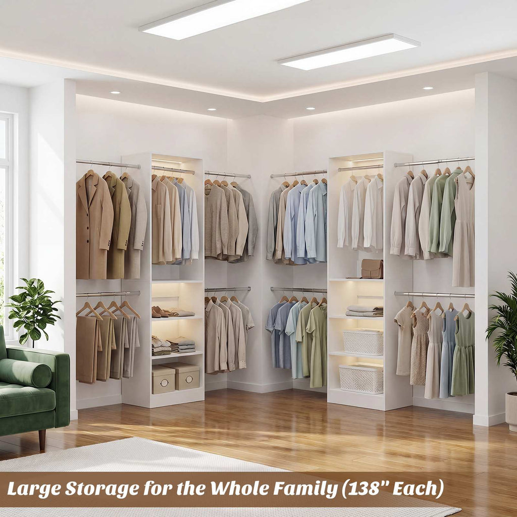 12FT Large Open Closet System, 138'' Wall-Mounted Closet Shelving with 5 Hanging Rods and 6 Shelves
