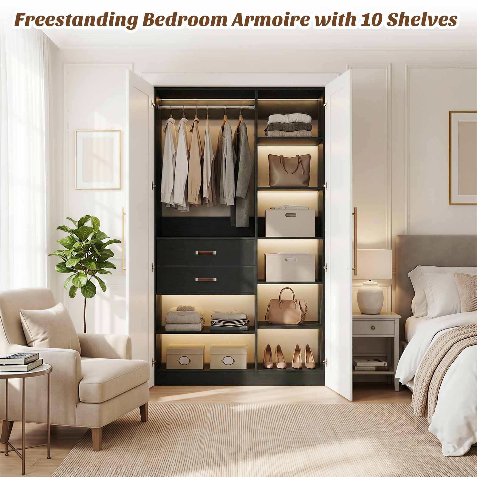 40'' Stand-Alone Closet System with 2 Wood Drawers, Garment Organizer System with Hanging Rod