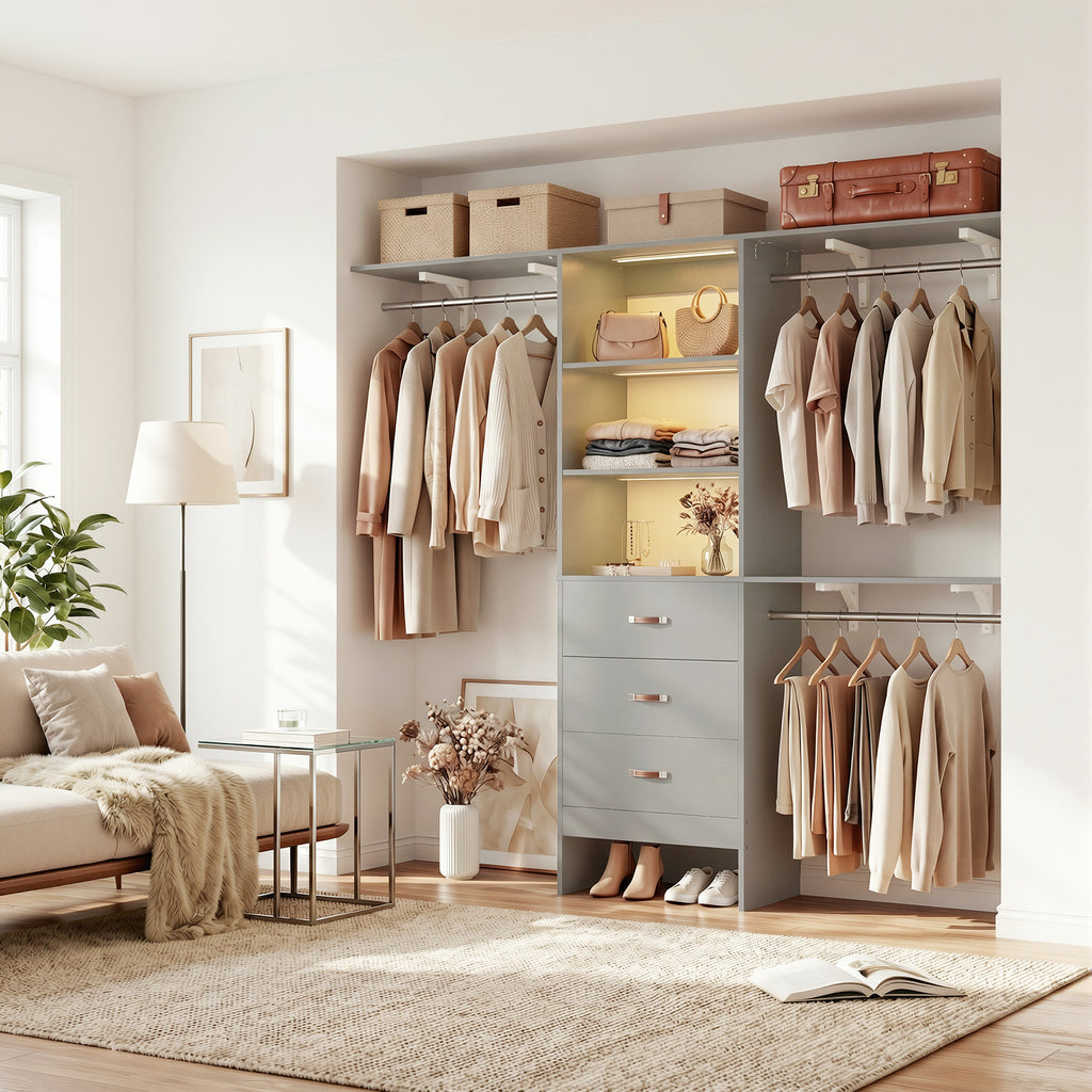 96" Wall Mounted Closet System with LED, Walk-In Style Wood Closet Organizer Cut to Fit 4-8FT with 3 Drawers & Top Shelf