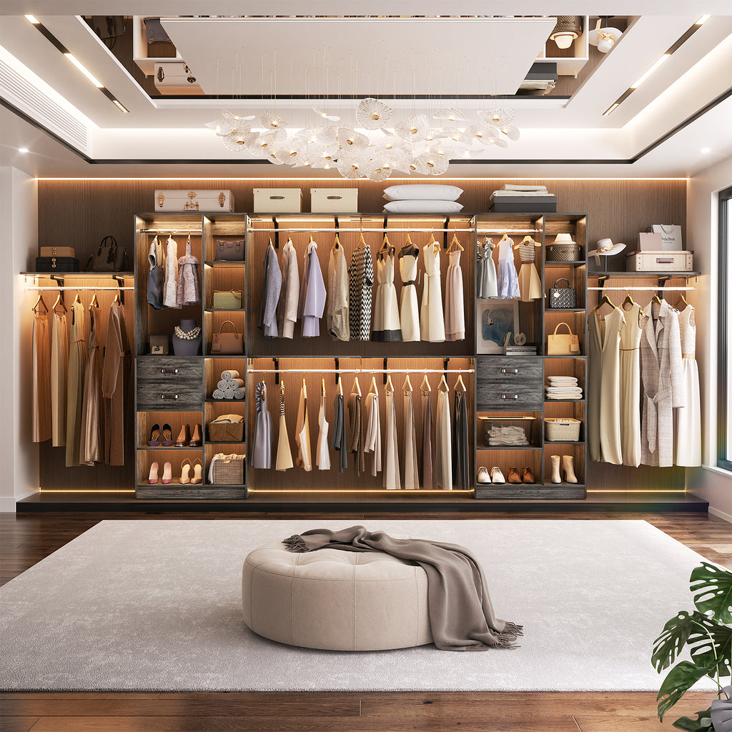 8FT Heavy Duty Wood Closet System with 2 Drawers & 4 Adjustable Hanging Rods & 9-Cube Shelving