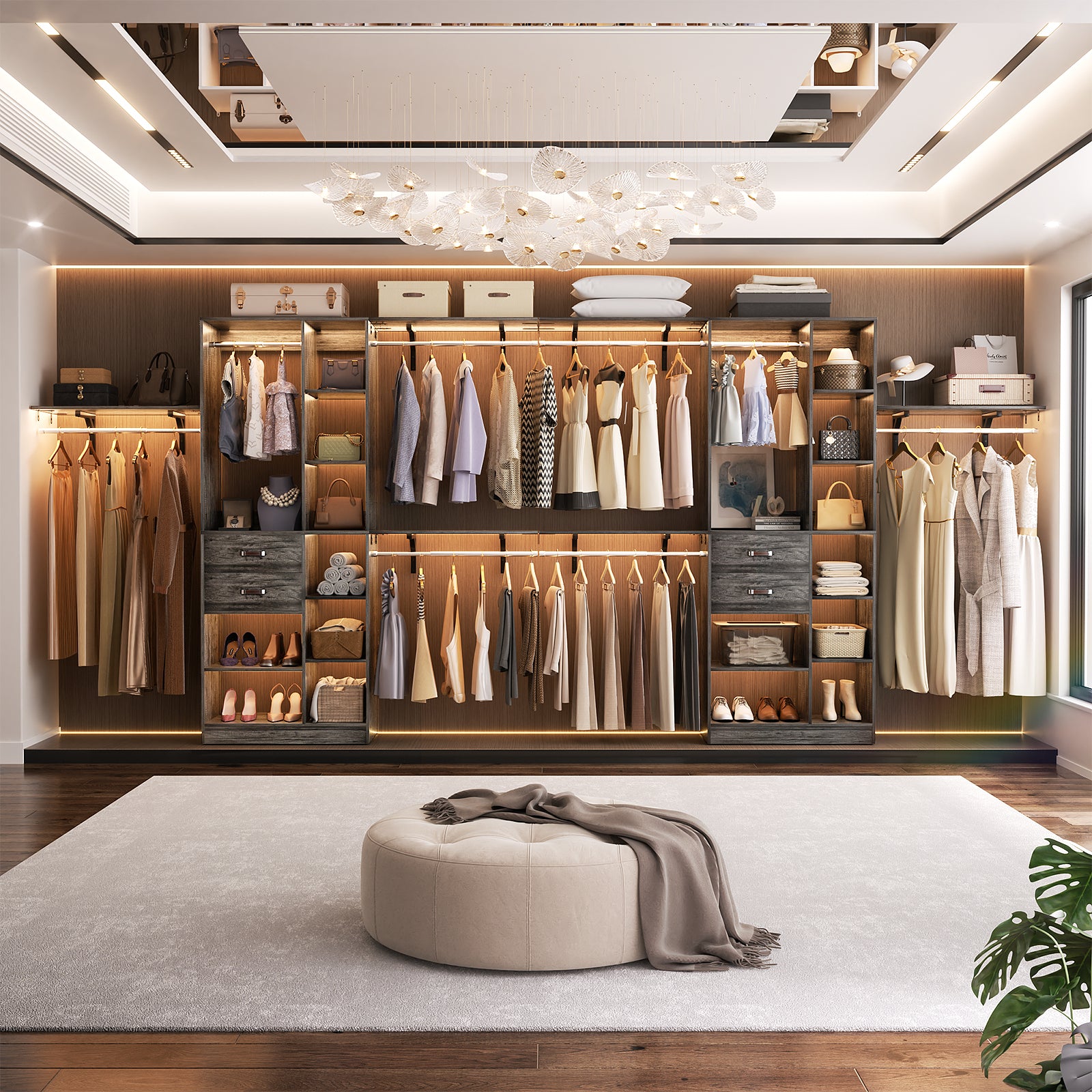 8FT Heavy Duty Wood Closet System with 2 Drawers & 4 Adjustable Hanging Rods & 9-Cube Shelving