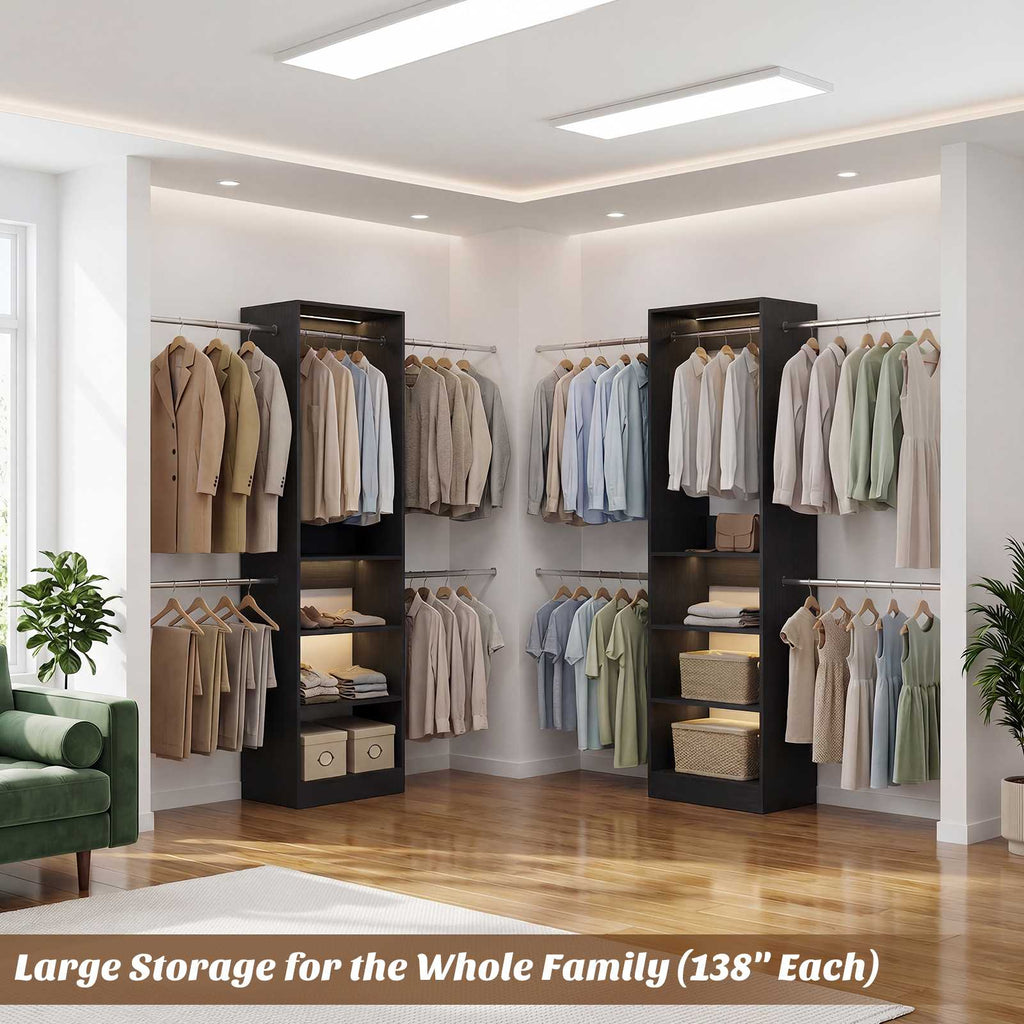 12FT Large Open Closet System, 138'' Wall-Mounted Closet Shelving with 5 Hanging Rods and 6 Shelves
