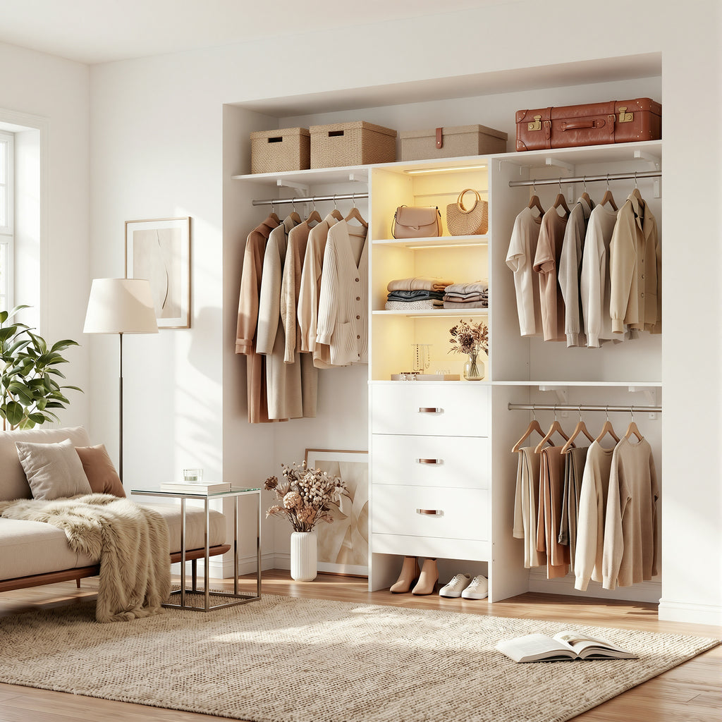 96" Wall Mounted Closet System with LED, Walk-In Style Wood Closet Organizer Cut to Fit 4-8FT with 3 Drawers & Top Shelf