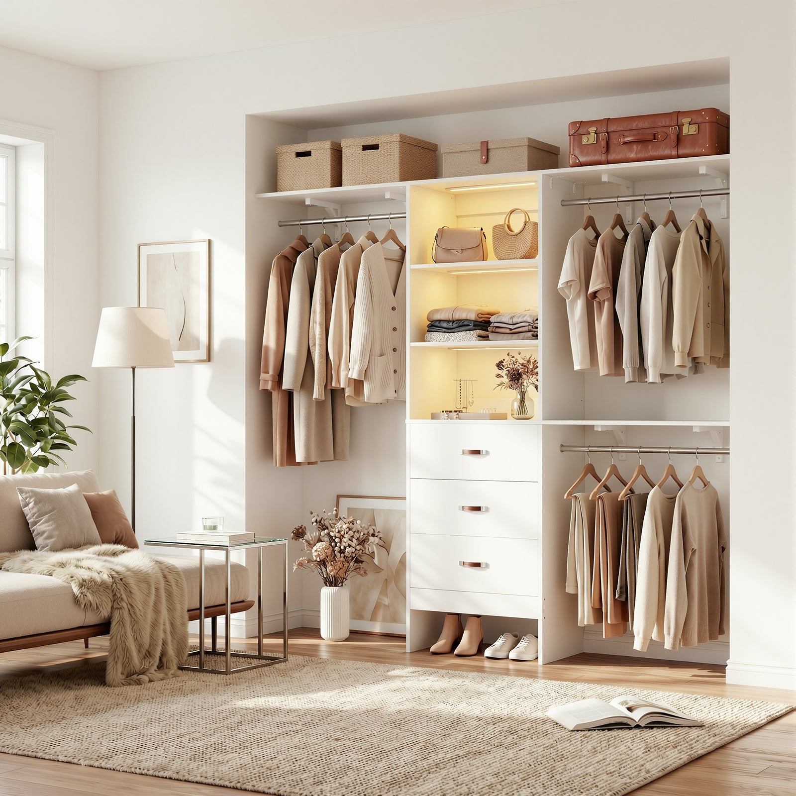 96" Wall Mounted Closet System with LED, Walk-In Style Wood Closet Organizer Cut to Fit 4-8FT with 3 Drawers & Top Shelf