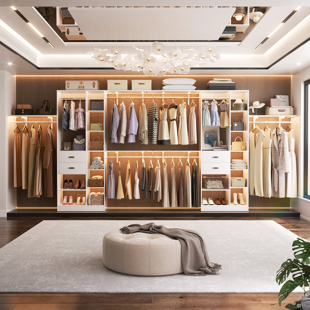 8FT Heavy Duty Wood Closet System with 2 Drawers & 4 Adjustable Hanging Rods & 9-Cube Shelving